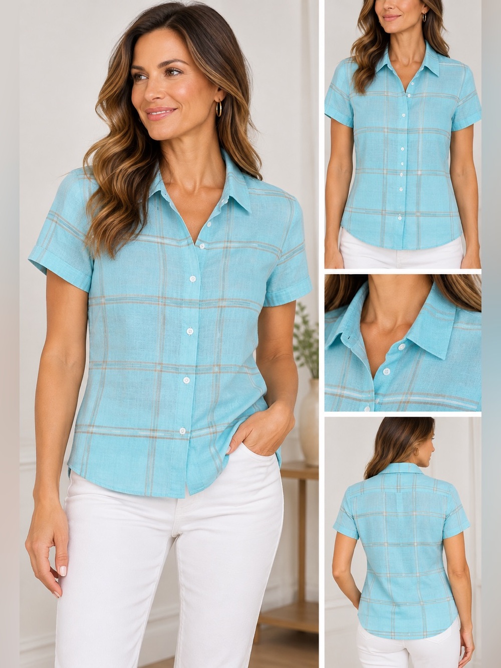 Liz Claiborne Aqua Plaid Short Sleeve linen cotton blend Shirt